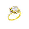 A three-quarter view of the Princess cut diamond engagement ring in 14k yellow gold with a prong diamond band and cathedral setting