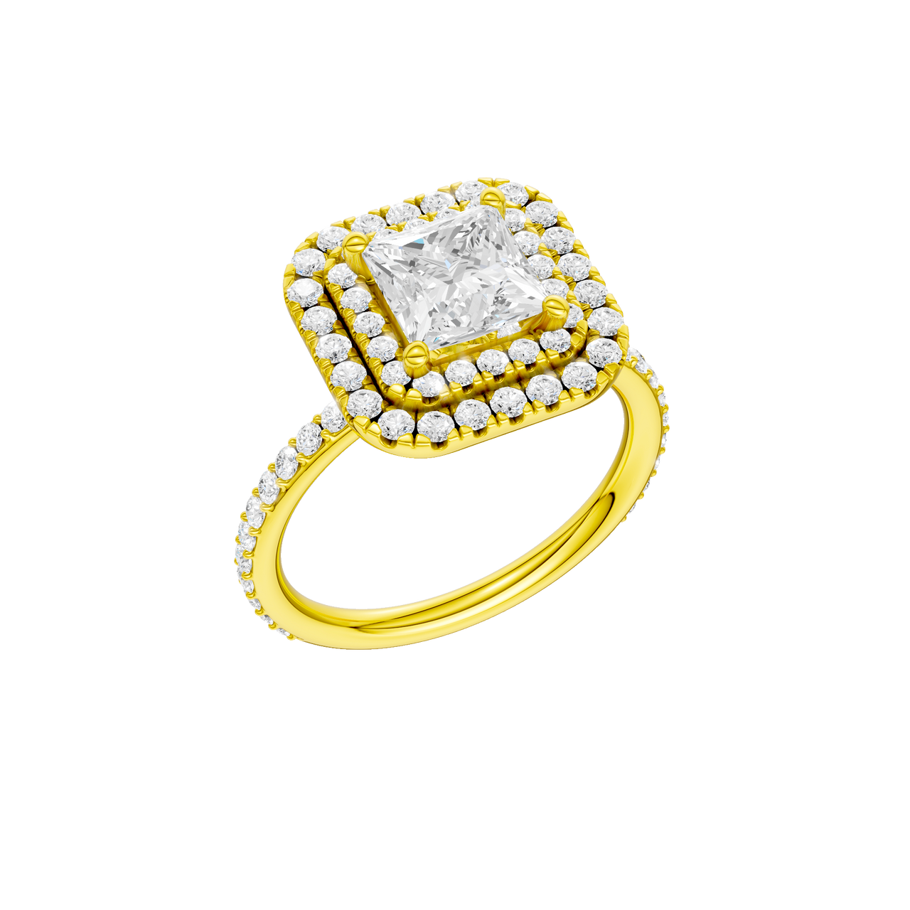 A three-quarter view of the Princess cut diamond engagement ring in 14k yellow gold with a prong diamond band and cathedral setting