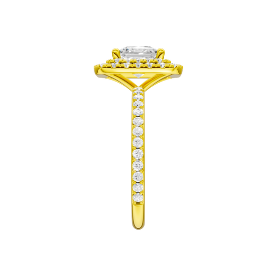A side view of the Princess cut diamond engagement ring in 14k yellow gold with a prong diamond band and cathedral setting