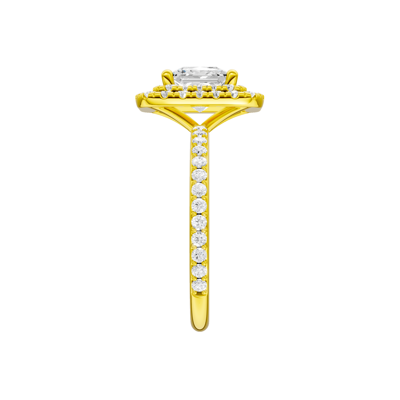 A side view of the Princess cut diamond engagement ring in 14k yellow gold with a prong diamond band and cathedral setting