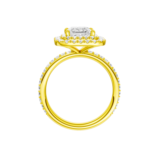 A profile view of the Princess cut diamond engagement ring in 14k yellow gold with a prong diamond band and cathedral setting