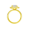 A profile view of the Princess cut diamond engagement ring in 14k yellow gold with a prong diamond band and cathedral setting