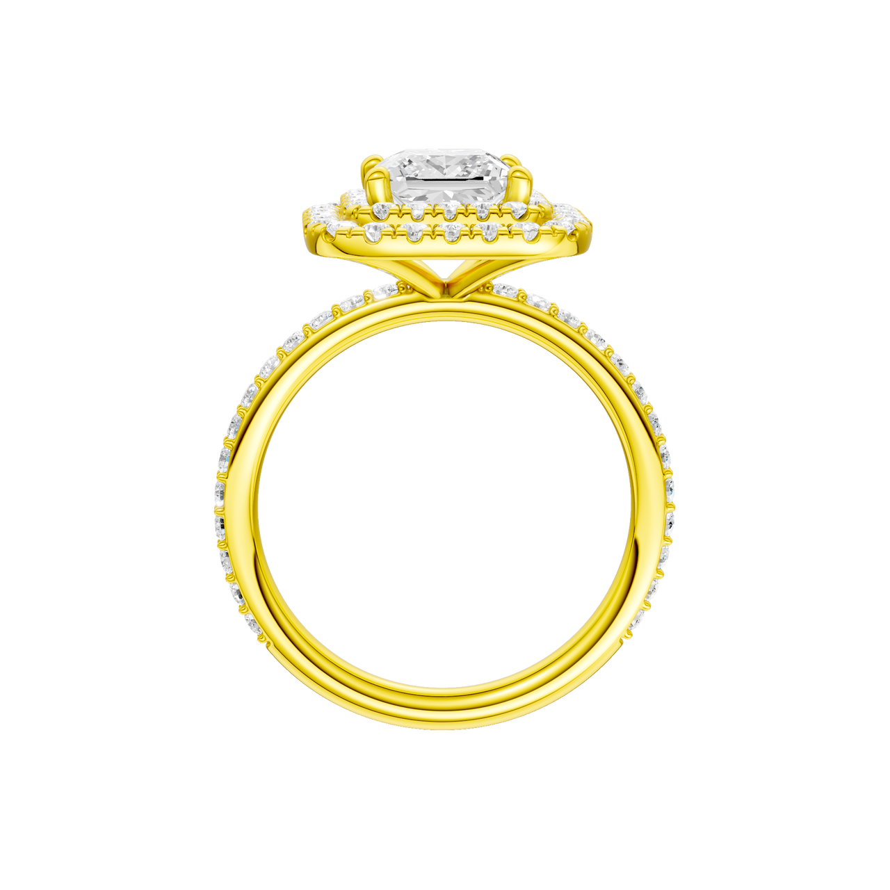 A profile view of the Princess cut diamond engagement ring in 14k yellow gold with a prong diamond band and cathedral setting