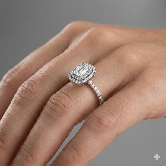 Radiant cut diamond engagement ring in 14k white gold with a prong diamond band and cathedral setting on a hand