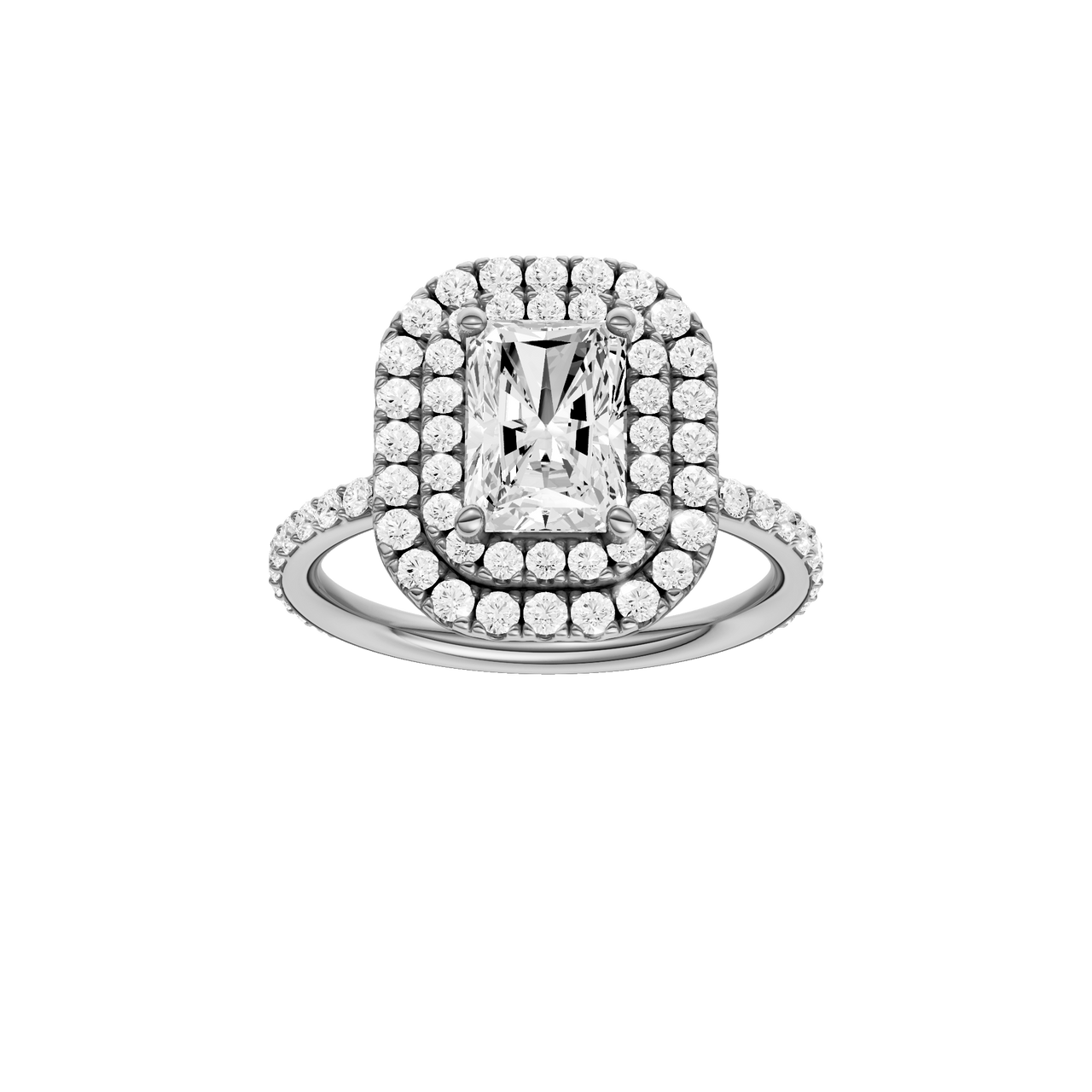A front view of the Radiant cut diamond engagement ring in 14k white gold with a prong diamond band and cathedral setting