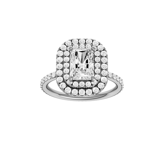 A front view of the Radiant cut diamond engagement ring in 14k white gold with a prong diamond band and cathedral setting