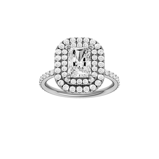 A front view of the Radiant cut diamond engagement ring in platinum with a prong diamond band and cathedral setting