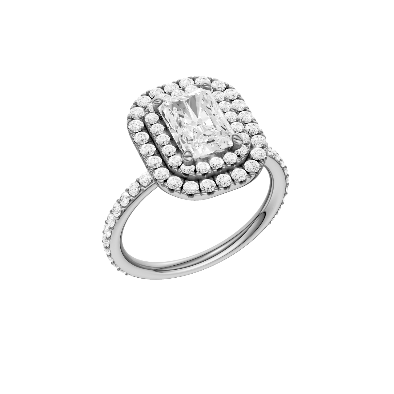 A three-quarter view of the Radiant cut diamond engagement ring in 14k white gold with a prong diamond band and cathedral setting