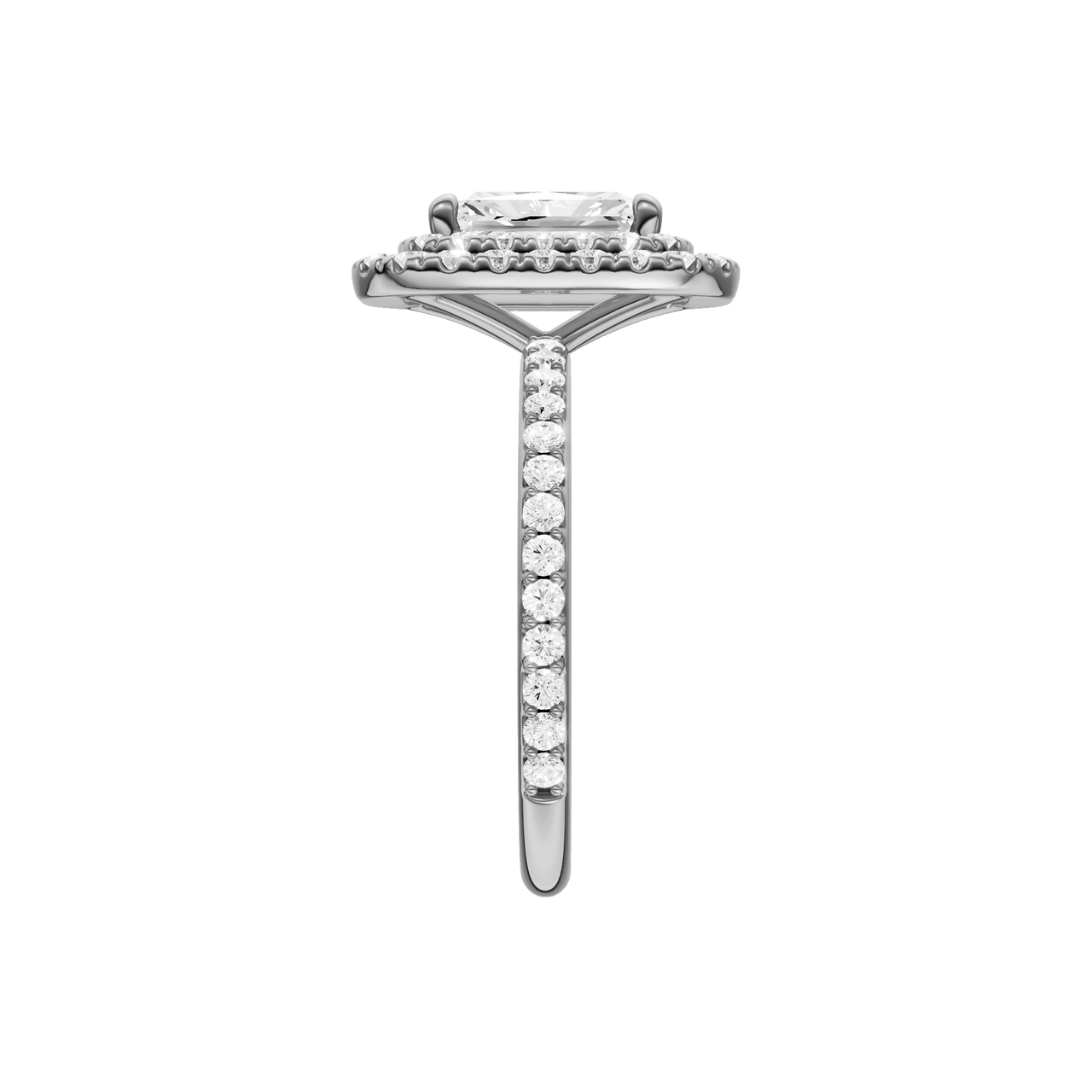 A side view of the Radiant cut diamond engagement ring in platinum with a prong diamond band and cathedral setting