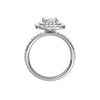 A profile view of the Radiant cut diamond engagement ring in 14k white gold with a prong diamond band and cathedral setting