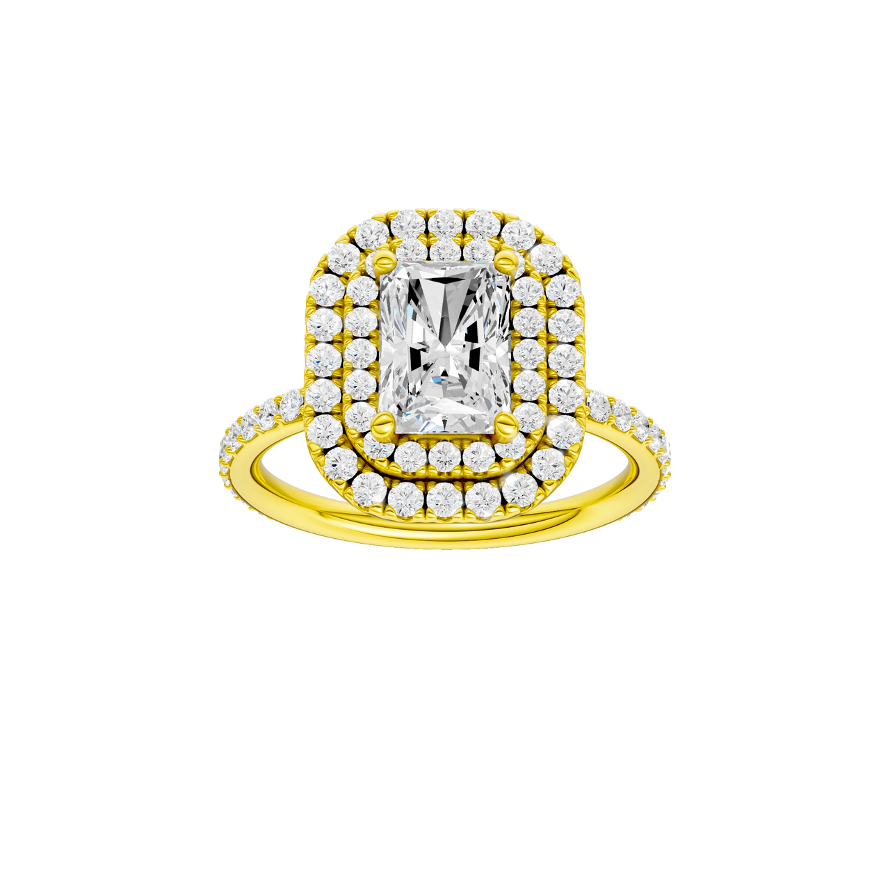 A front view of the Radiant cut diamond engagement ring in 14k yellow gold with a prong diamond band and cathedral setting