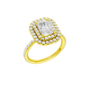 A three-quarter view of the Radiant cut diamond engagement ring in 14k yellow gold with a prong diamond band and cathedral setting