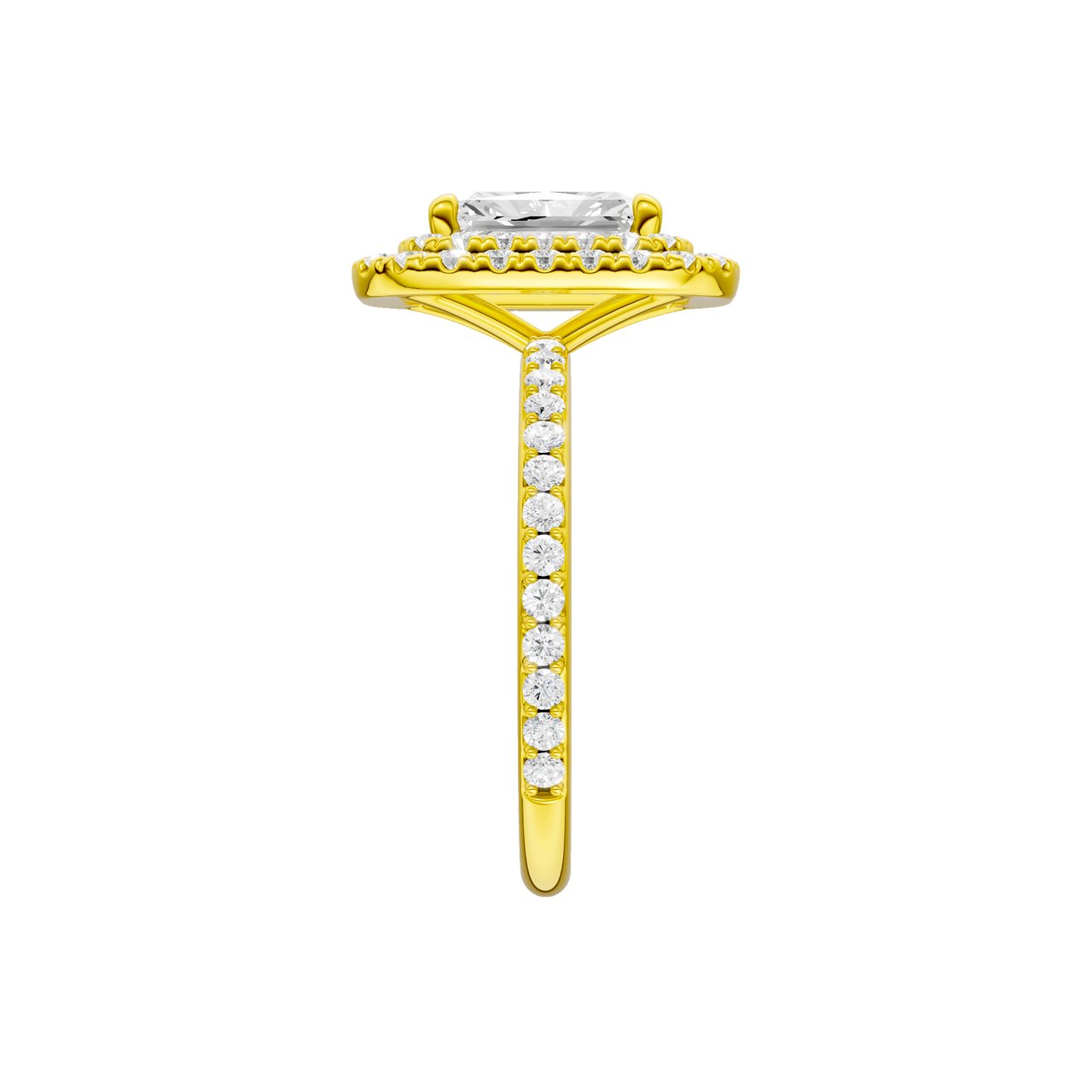 A side view of the Radiant cut diamond engagement ring in 14k yellow gold with a prong diamond band and cathedral setting