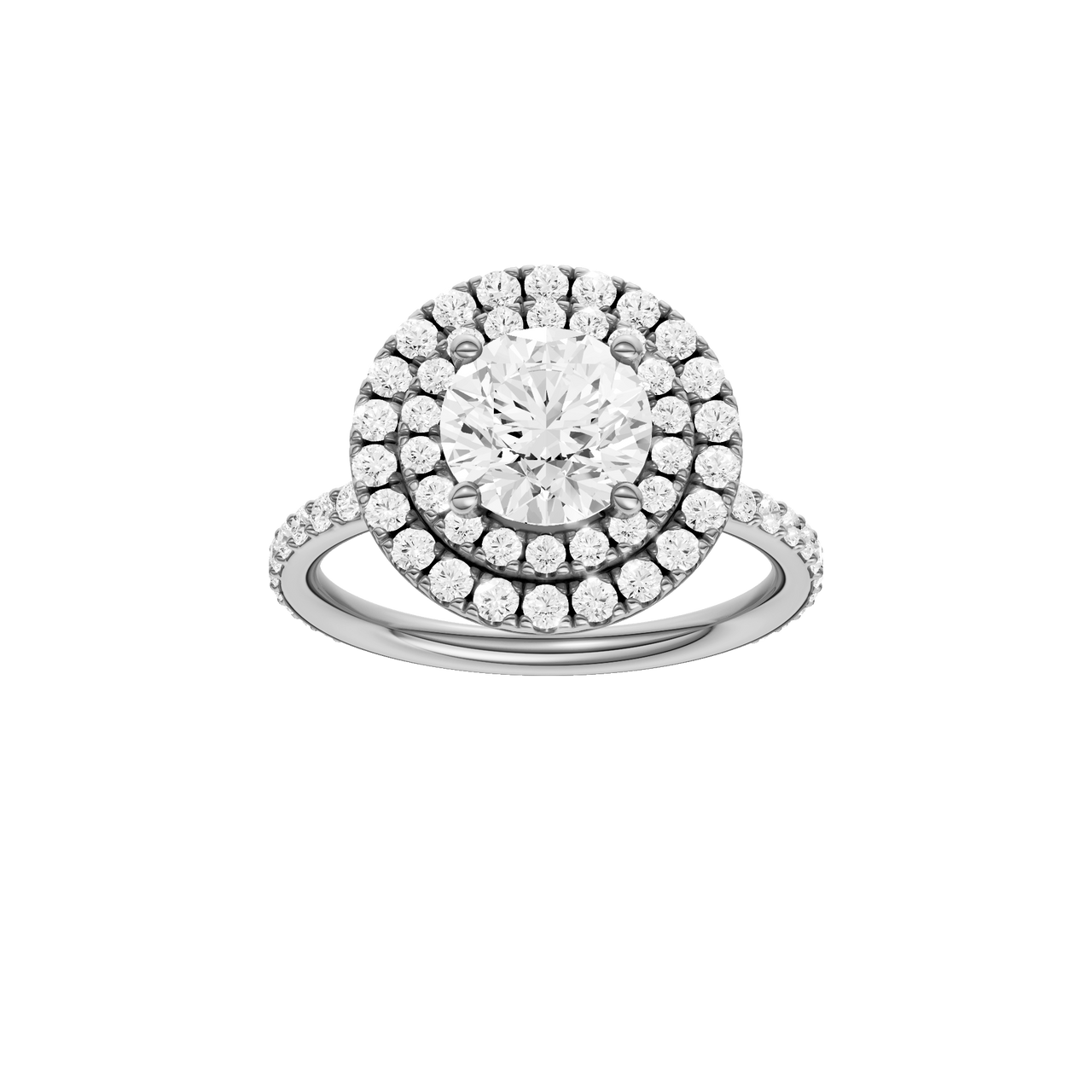 A front view of the Round cut diamond engagement ring in platinum with a prong diamond band and cathedral setting