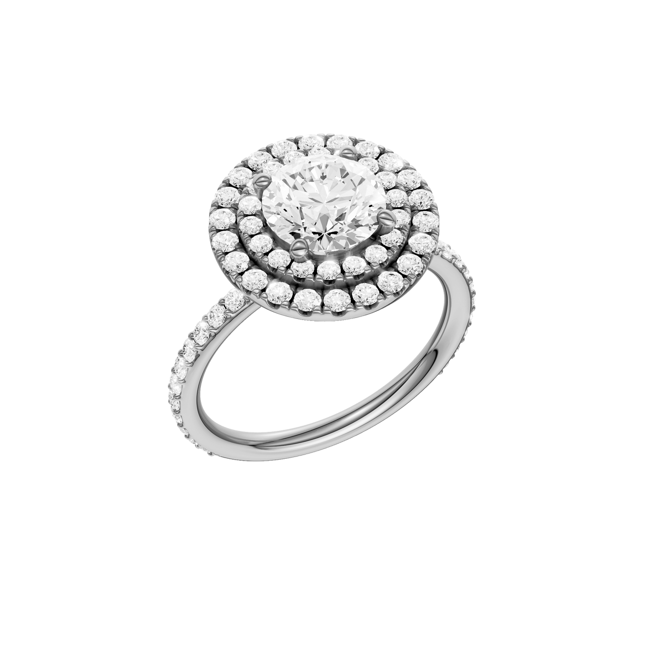 A three-quarter view of the Round cut diamond engagement ring in 14k white gold with a prong diamond band and cathedral setting
