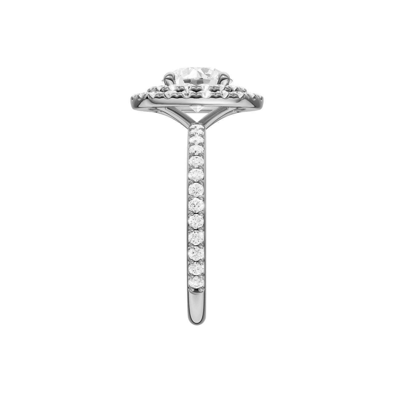 A side view of the Round cut diamond engagement ring in platinum with a prong diamond band and cathedral setting