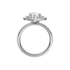 A profile view of the Round cut diamond engagement ring in platinum with a prong diamond band and cathedral setting
