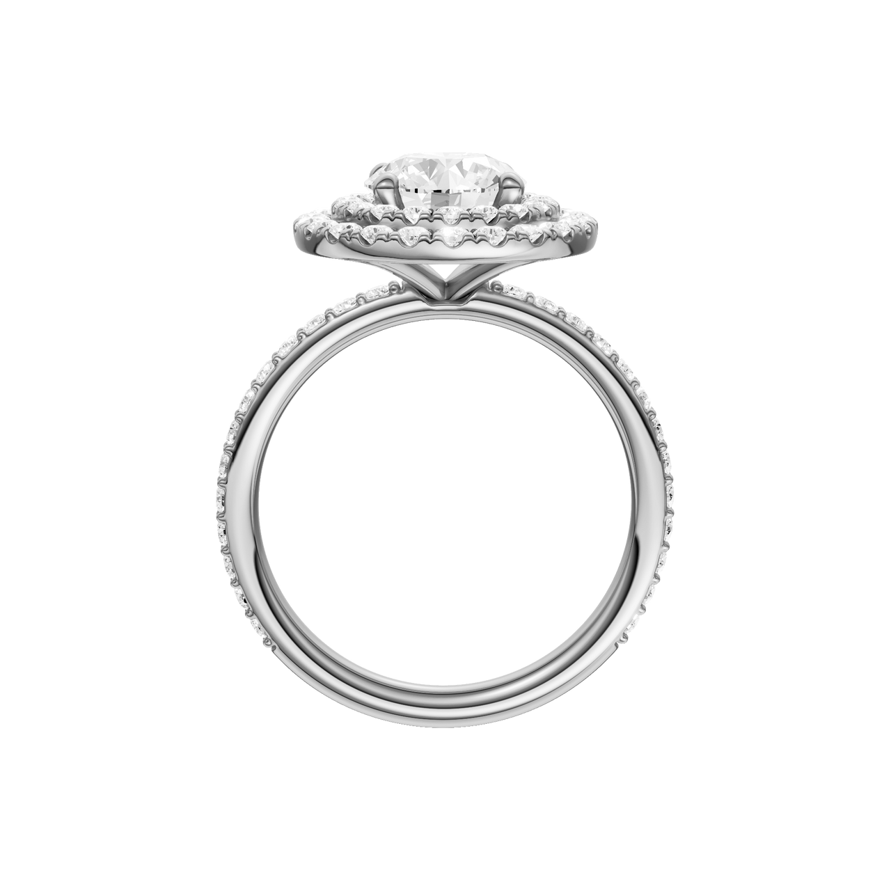 A profile view of the Round cut diamond engagement ring in platinum with a prong diamond band and cathedral setting