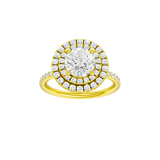 A front view of the Round cut diamond engagement ring in 14k yellow gold with a prong diamond band and cathedral setting