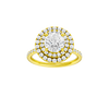 A front view of the Round cut diamond engagement ring in 14k yellow gold with a prong diamond band and cathedral setting