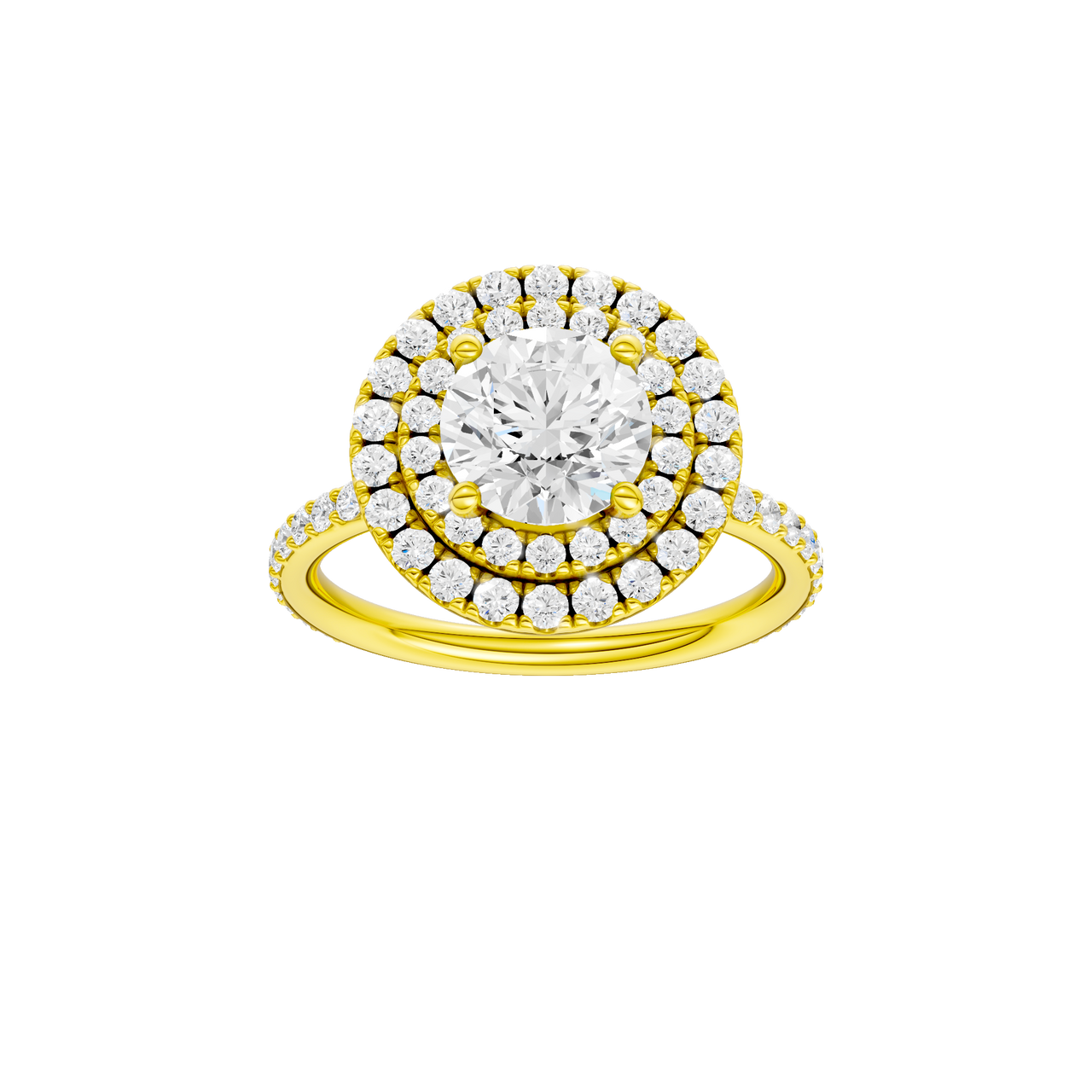 A front view of the Round cut diamond engagement ring in 14k yellow gold with a prong diamond band and cathedral setting