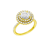 A three-quarter view of the Round cut diamond engagement ring in 14k yellow gold with a prong diamond band and cathedral setting