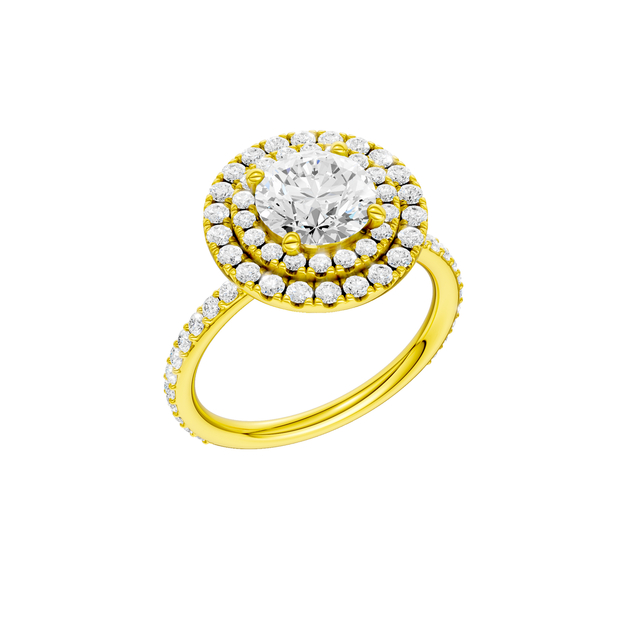 A three-quarter view of the Round cut diamond engagement ring in 14k yellow gold with a prong diamond band and cathedral setting