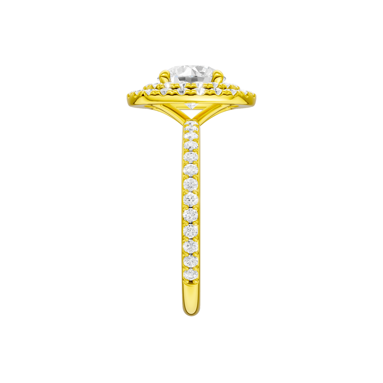 A side view of the Round cut diamond engagement ring in 14k yellow gold with a prong diamond band and cathedral setting