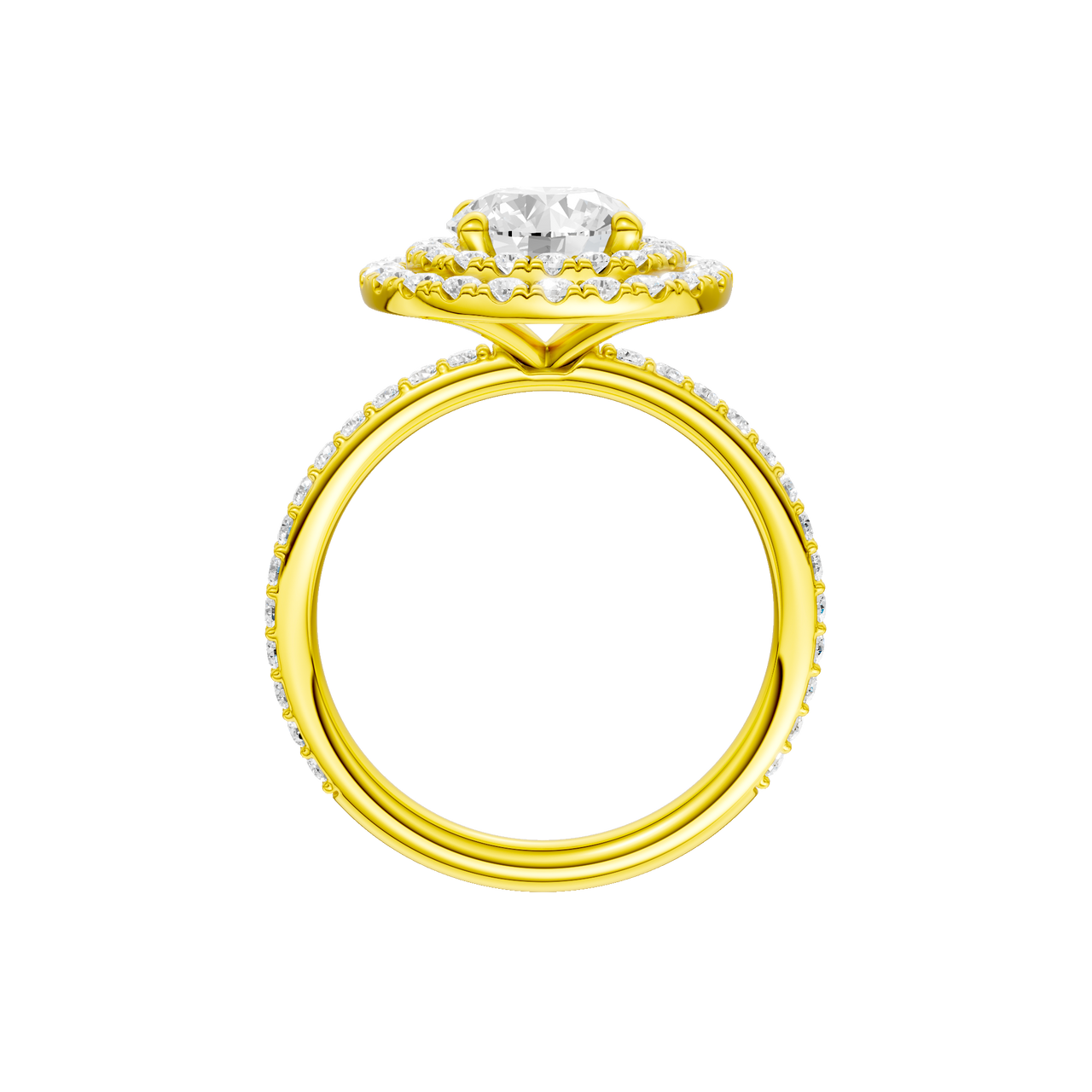 A profile view of the Round cut diamond engagement ring in 14k yellow gold with a prong diamond band and cathedral setting