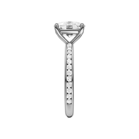 A side view of the Elongated cushion cut diamond engagement ring in 14k white gold with a diamond channel band and cathedral setting