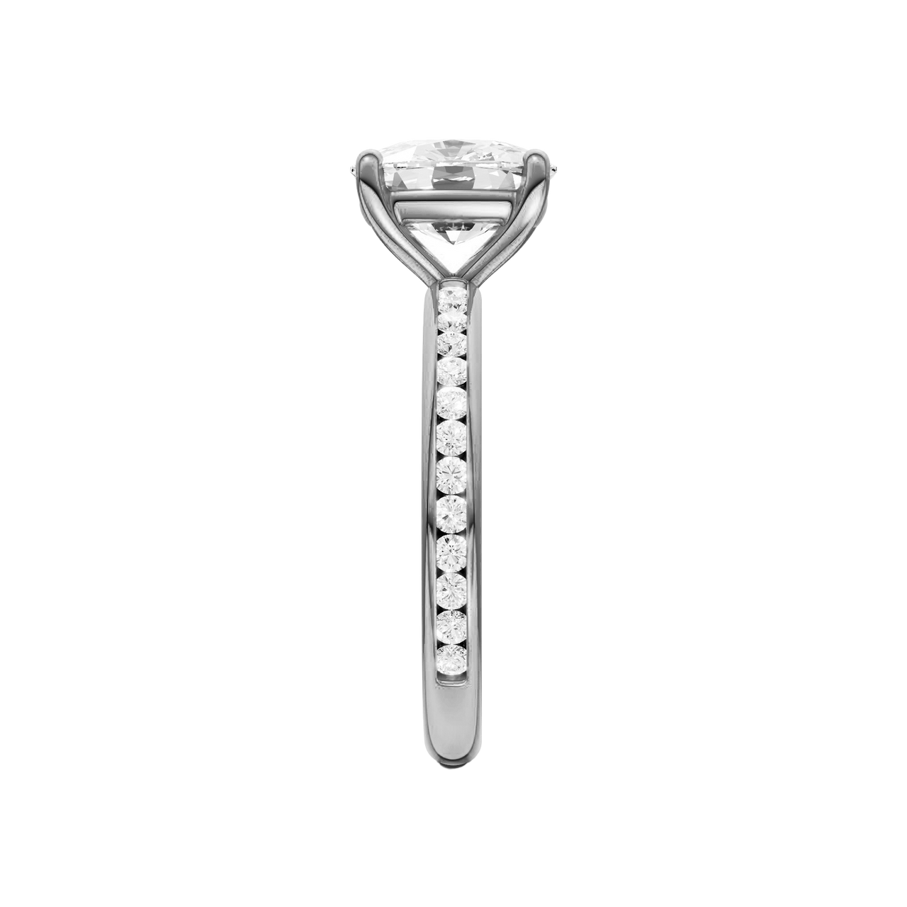 A side view of the Elongated cushion cut diamond engagement ring in 14k white gold with a diamond channel band and cathedral setting