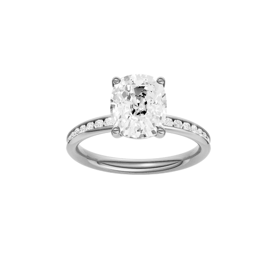 A front view of the Elongated cushion cut diamond engagement ring in platinum with a diamond channel band and cathedral setting