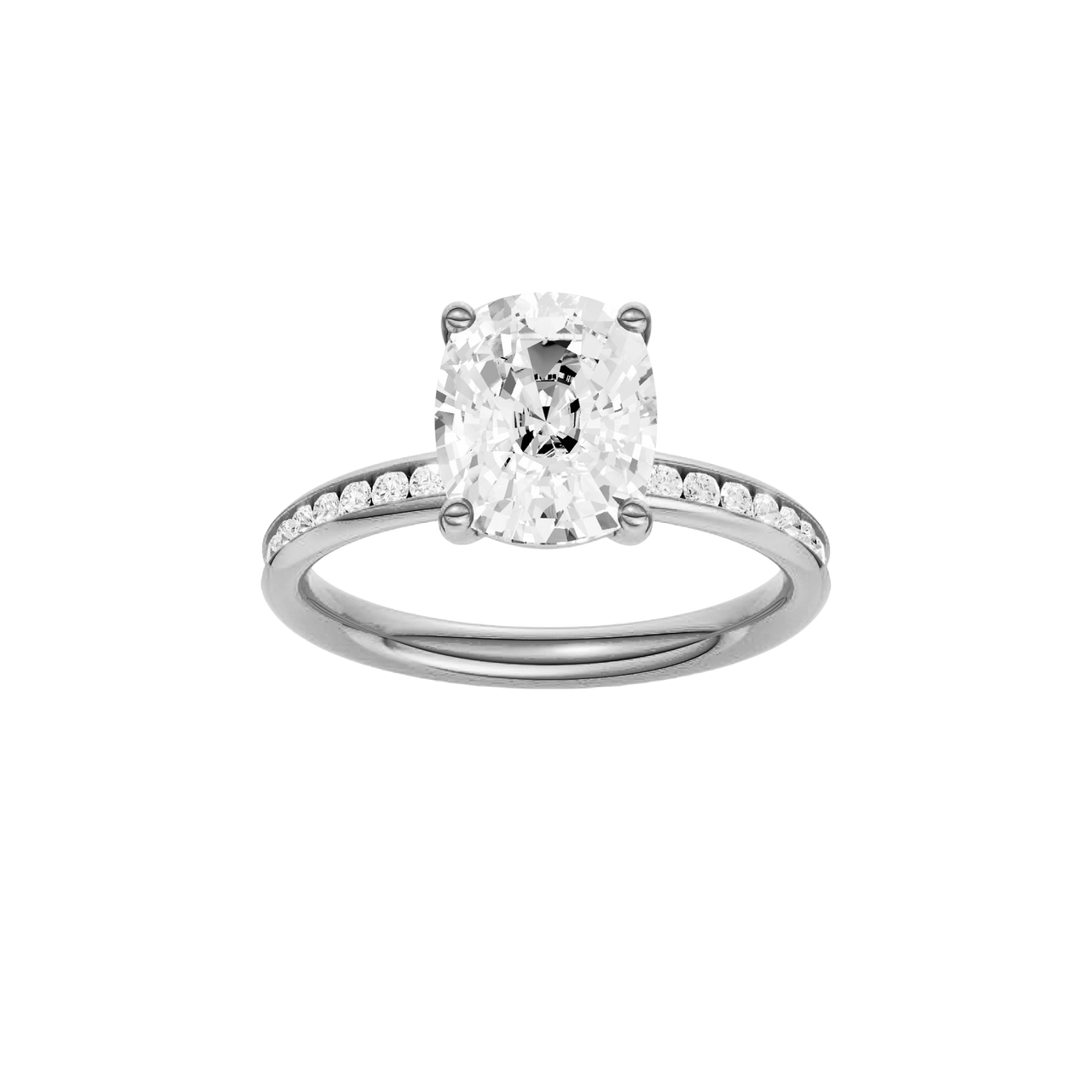 A front view of the Elongated cushion cut diamond engagement ring in platinum with a diamond channel band and cathedral setting