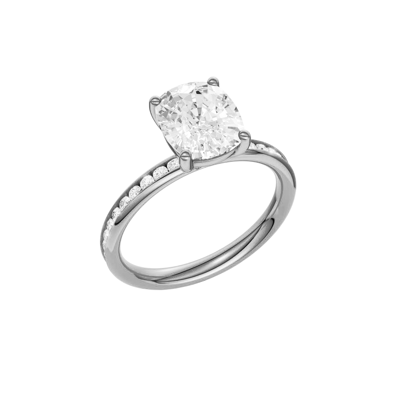 A three-quarter view of the Elongated cushion cut diamond engagement ring in platinum with a diamond channel band and cathedral setting