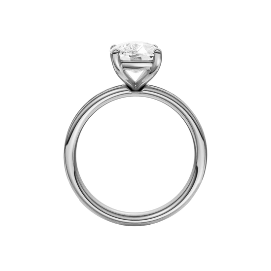 A profile view of the Elongated cushion cut diamond engagement ring in platinum with a diamond channel band and cathedral setting