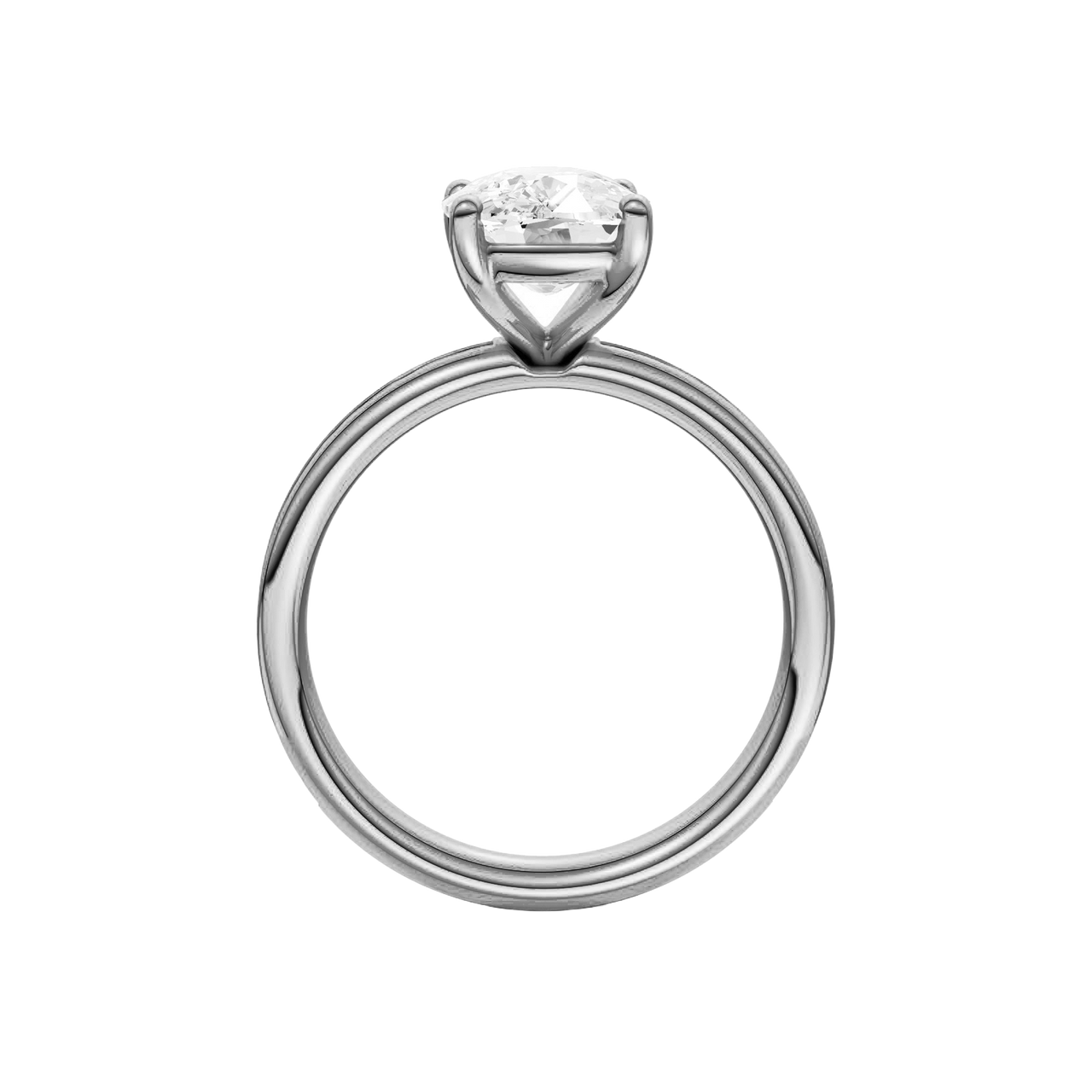 A profile view of the Elongated cushion cut diamond engagement ring in platinum with a diamond channel band and cathedral setting