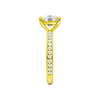 A side view of the Elongated cushion cut diamond engagement ring in 14k yellow gold with a diamond channel band and cathedral setting