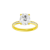 A front view of the Elongated cushion cut diamond engagement ring in 14k yellow gold with a diamond channel band and cathedral setting