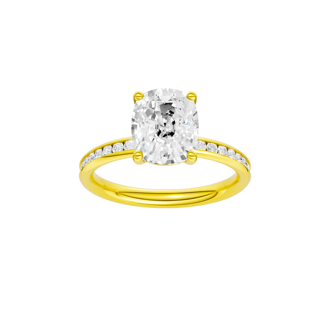 A front view of the Elongated cushion cut diamond engagement ring in 14k yellow gold with a diamond channel band and cathedral setting