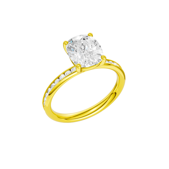 A three-quarter view of the Elongated cushion cut diamond engagement ring in 14k yellow gold with a diamond channel band and cathedral setting
