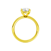 A profile view of the Elongated cushion cut diamond engagement ring in 14k yellow gold with a diamond channel band and cathedral setting