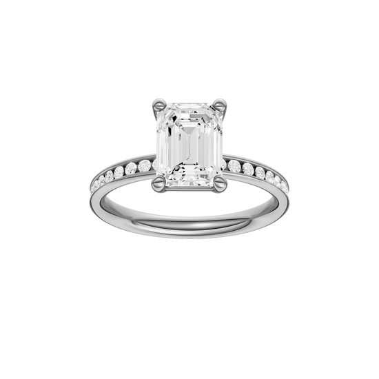 A front view of the Emerald cut diamond engagement ring in platinum with a diamond channel band and cathedral setting