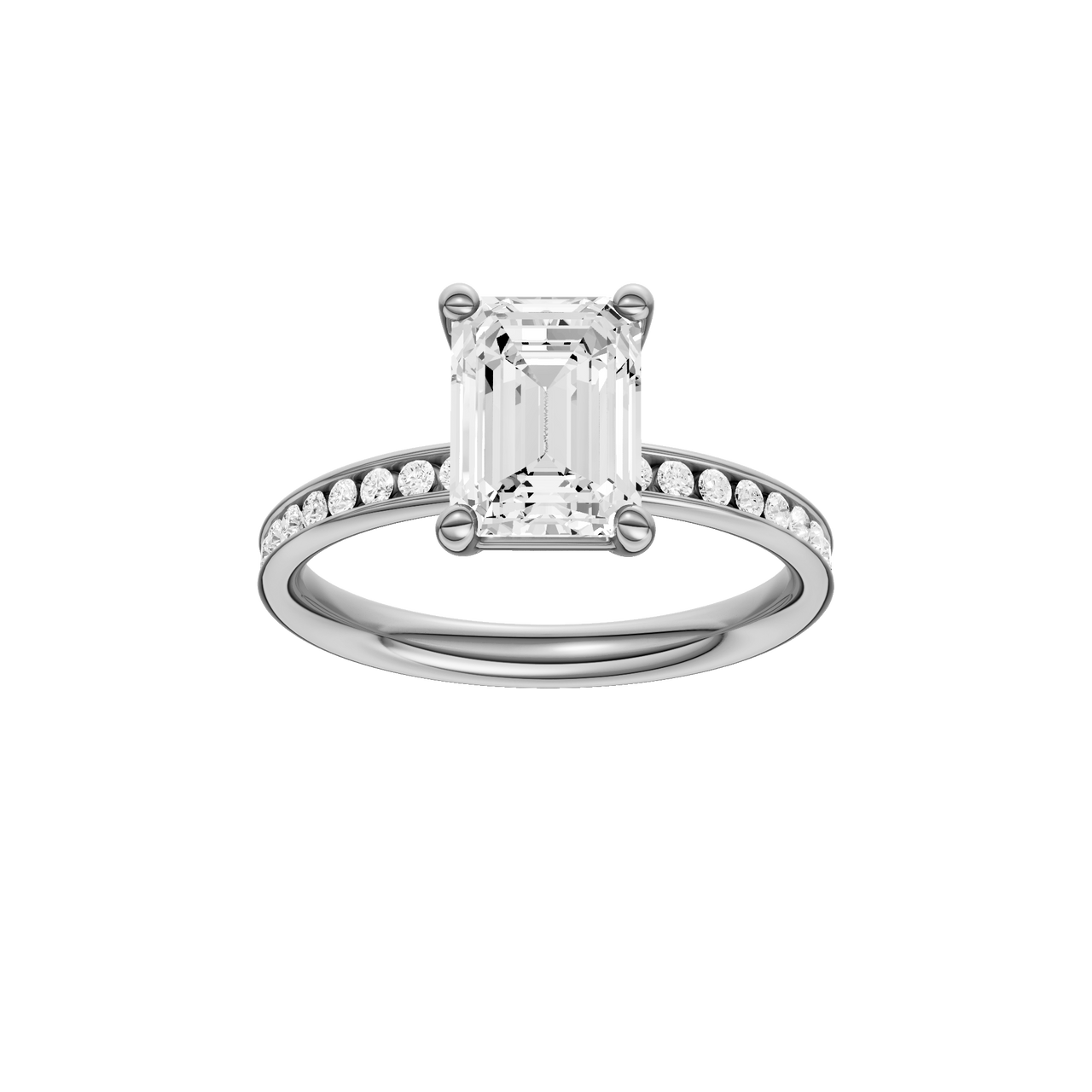 A front view of the Emerald cut diamond engagement ring in platinum with a diamond channel band and cathedral setting