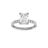 A front view of the Emerald cut diamond engagement ring in 14k white gold with a diamond channel band and cathedral setting