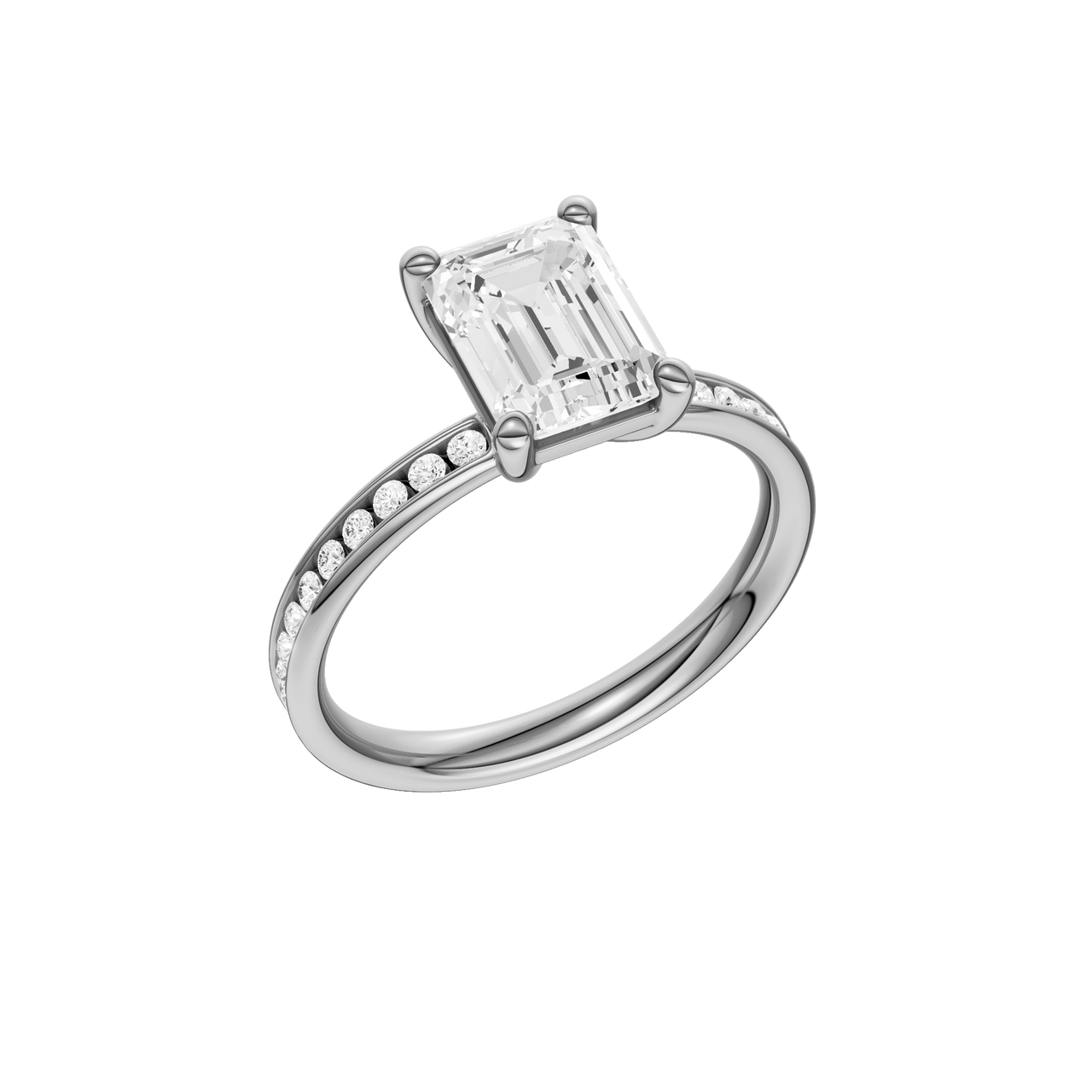 A three-quarter view of the Emerald cut diamond engagement ring in platinum with a diamond channel band and cathedral setting