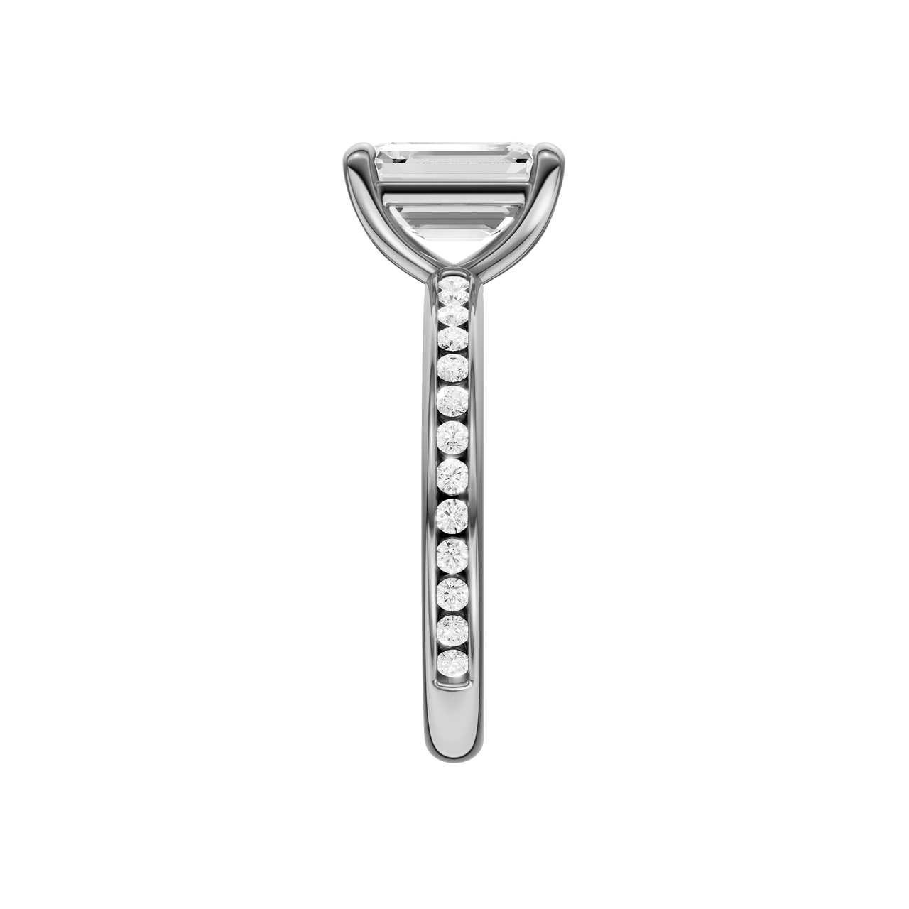 A side view of the Emerald cut diamond engagement ring in 14k white gold with a diamond channel band and cathedral setting