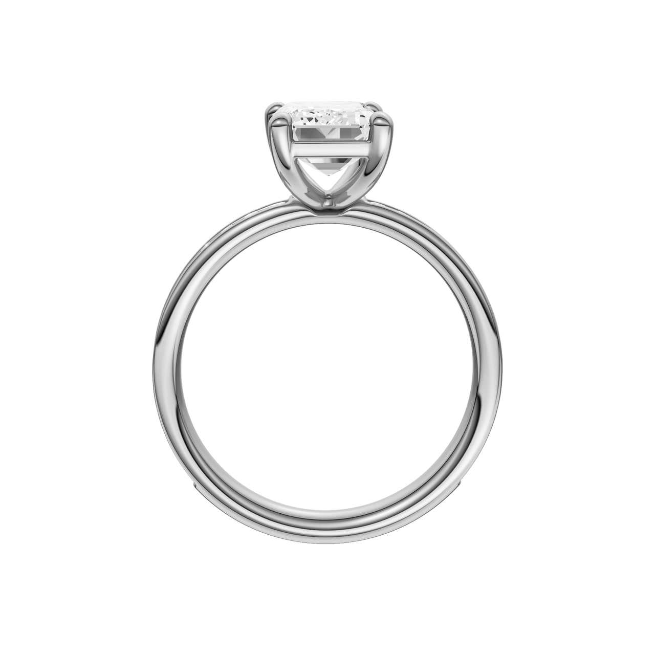 A profile view of the Emerald cut diamond engagement ring in platinum with a diamond channel band and cathedral setting