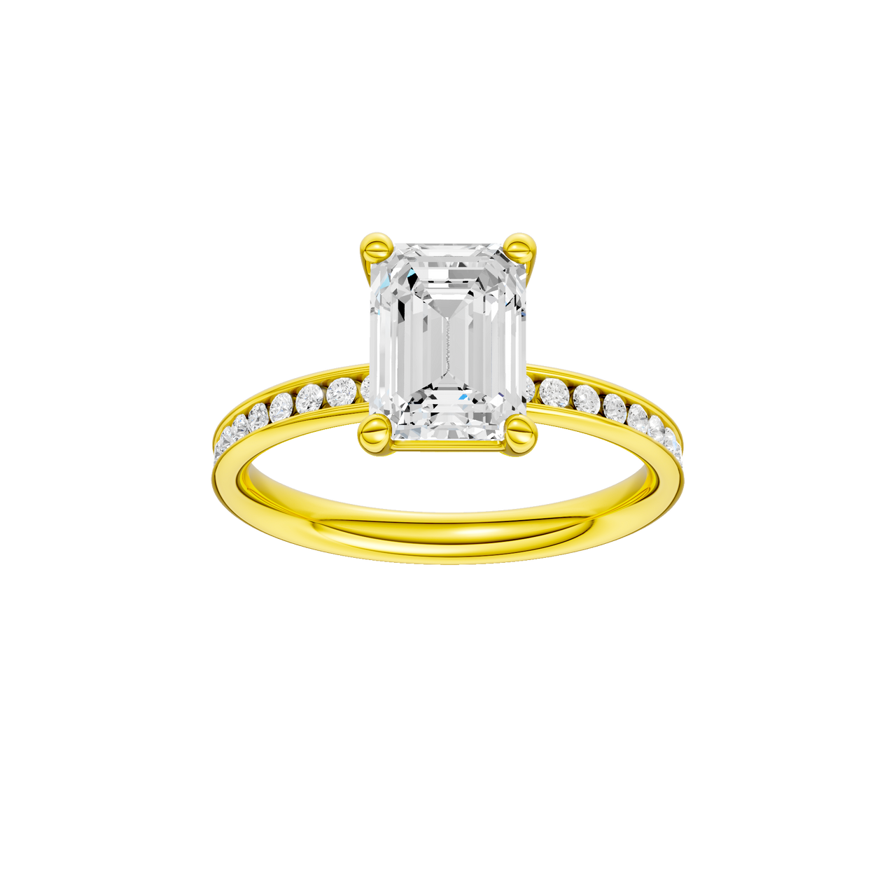 A front view of the Emerald cut diamond engagement ring in 14k yellow gold with a diamond channel band and cathedral setting