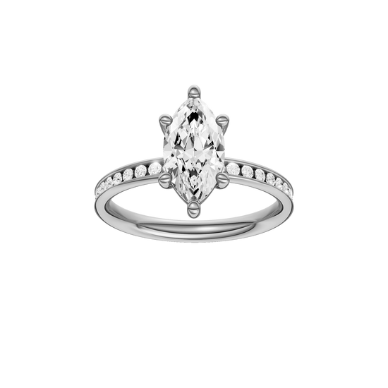A front view of the Marquise cut diamond engagement ring in 14k white gold with a diamond channel band and cathedral setting