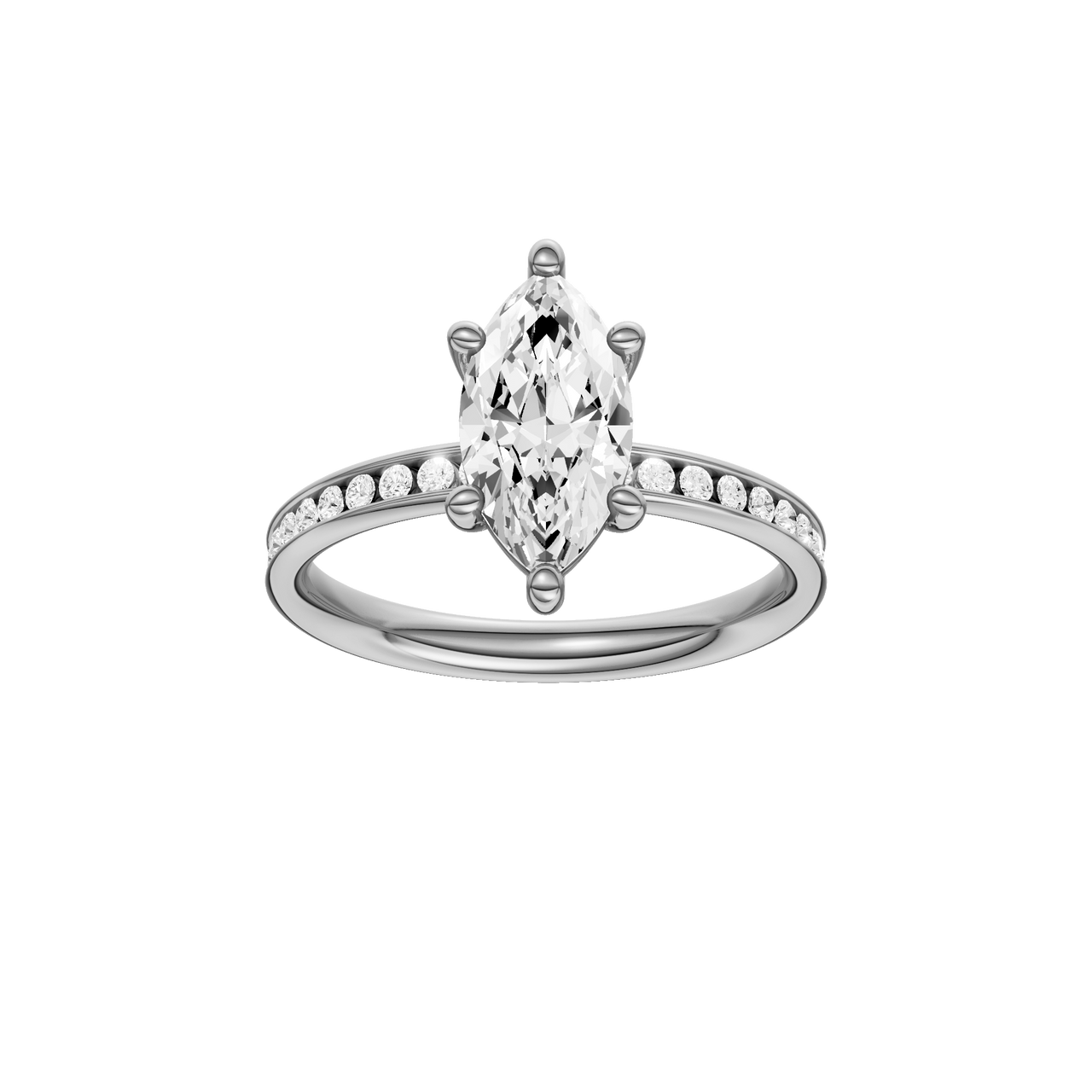 A front view of the Marquise cut diamond engagement ring in 14k white gold with a diamond channel band and cathedral setting